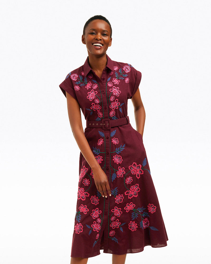 Presley Embroidered Midi Shirtdress in Raspberry Pink