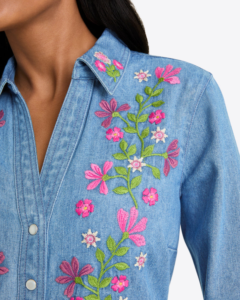 Cecilia Embroidered Shirtdress in Denim