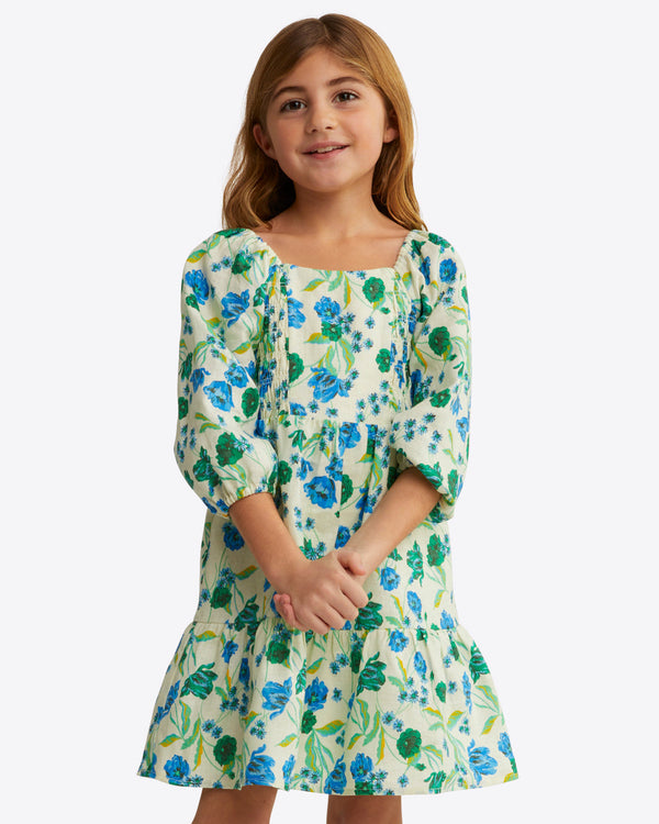 Girls Smocked Long Sleeve Dress in Linen