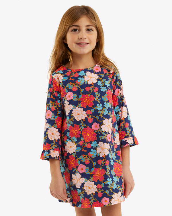 Girls Ruffle Shift Dress in Stretch Poplin