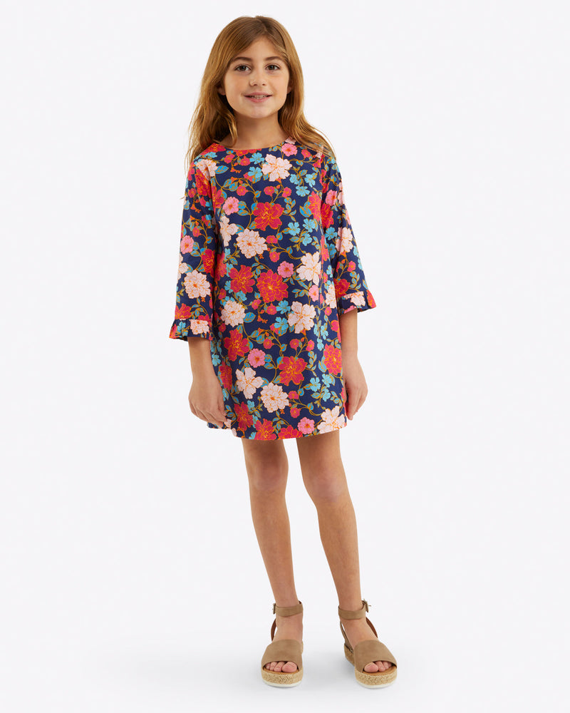 Girls Ruffle Shift Dress in Stretch Poplin