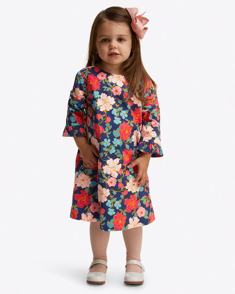 Girls Ruffle Shift Dress in Stretch Poplin