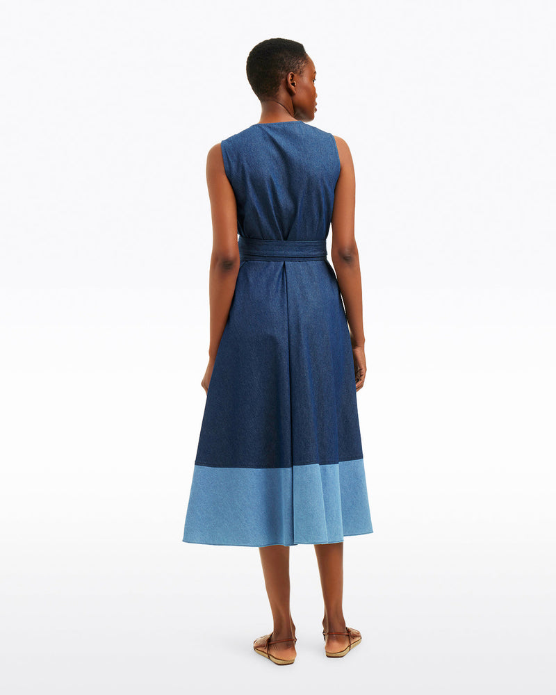 Lorelai Two Tone Sleeveless Wrap Dress in Chambray