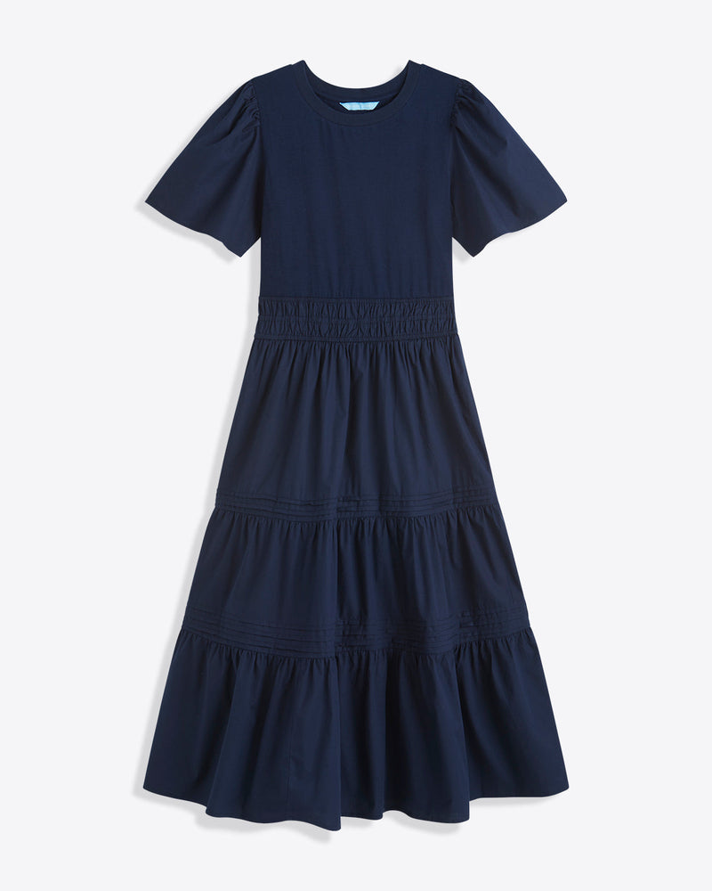 Cleo Mixed Media Midi Dress in Navy