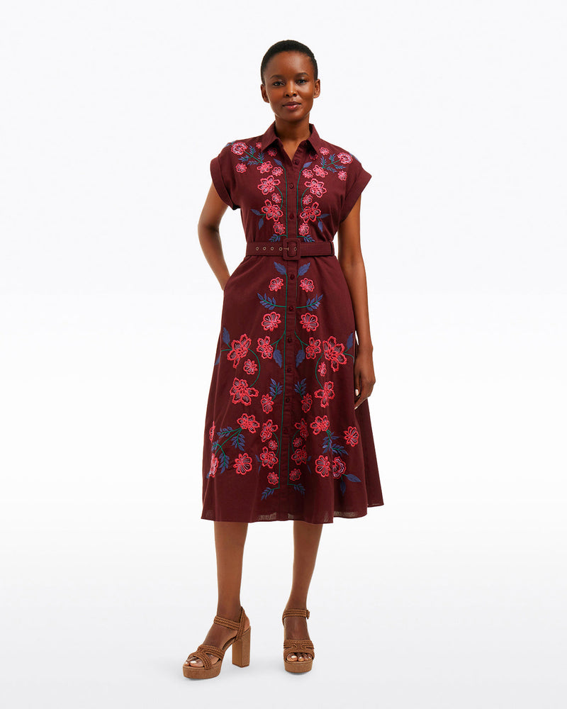 Presley Embroidered Midi Shirtdress in Raspberry Pink