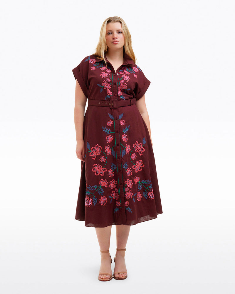 Presley Embroidered Midi Shirtdress in Raspberry Pink