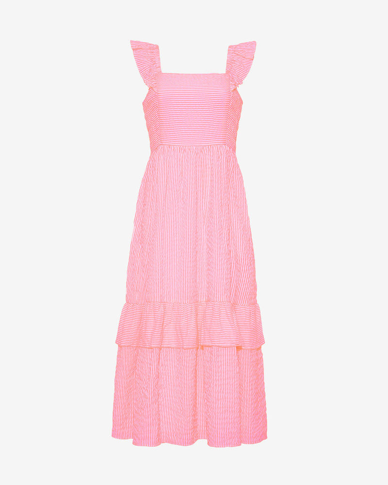 Carrie Midi Dress in Pink Seersucker