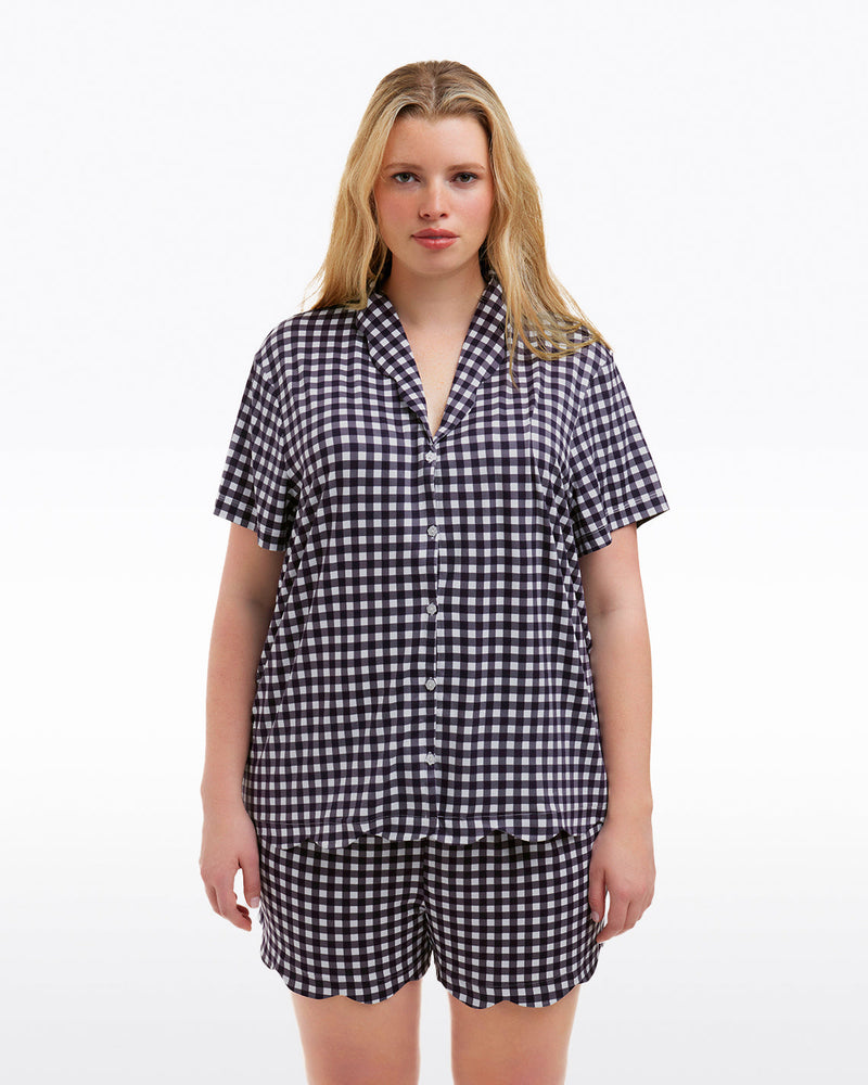 Scallop Sara Pajama Set in Navy Gingham