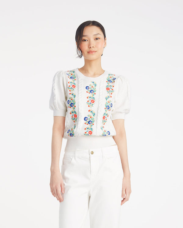 Short Sleeve Sweater with Floral Embroidery
