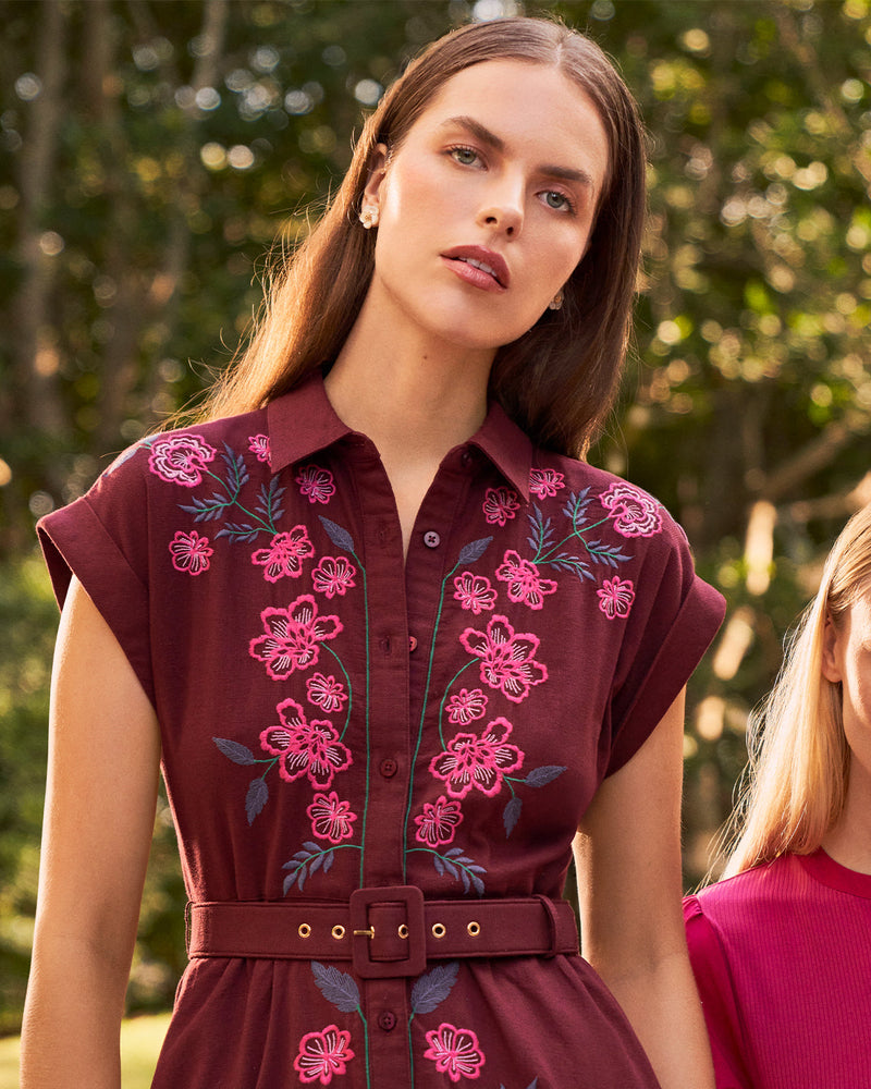 Presley Embroidered Midi Shirtdress in Raspberry Pink