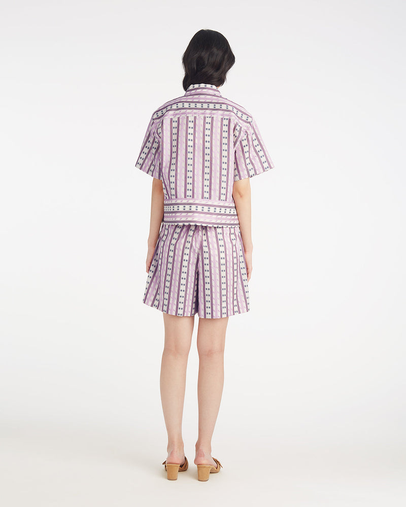Short Sleeve Cropped Button Down in Dotted Stripes Jacquard