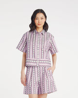 Short Sleeve Cropped Button Down in Dotted Stripes Jacquard