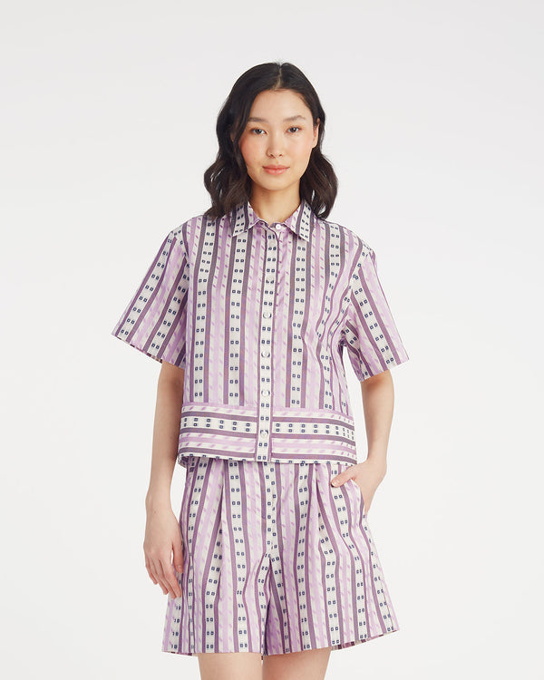 Short Sleeve Cropped Button Down in Dotted Stripes Jacquard